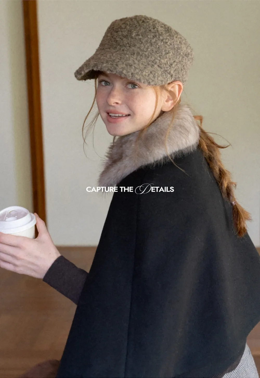 Faux Fur Trimmed Cape Wool Coat