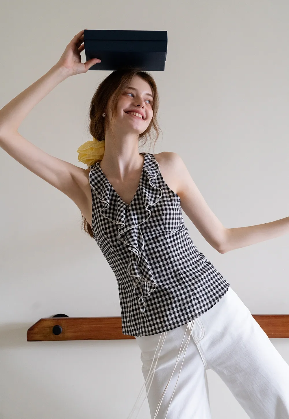 Ruffled Gingham Check Sleeveless Top