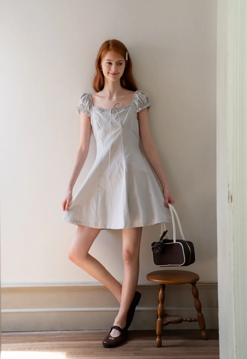 Off-Shoulder Puff Sleeve Dress with Tie