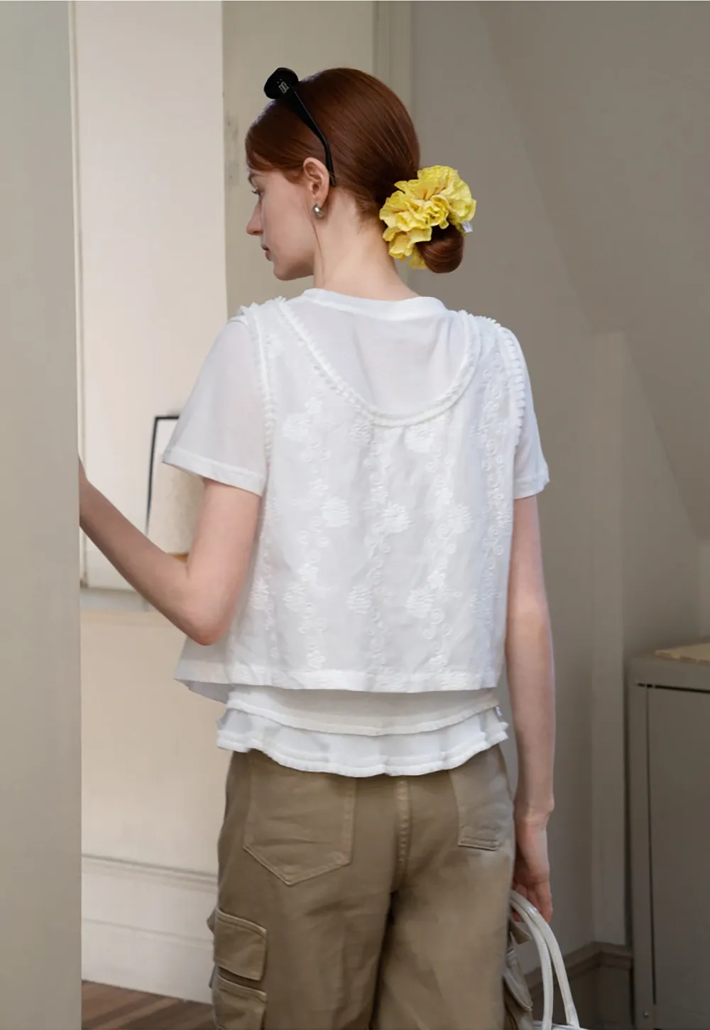 Women’s White Ruffle-Tiered Tie Shirts