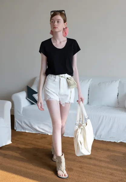 Fringed Belted Distressed Denim Shorts