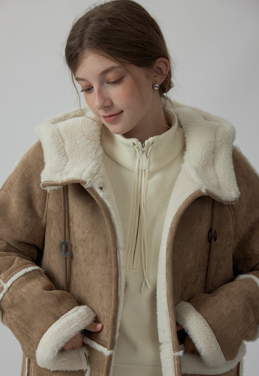 Women's Stand Collar Drawstring Faux Fur Lamb Wool Fleece Jacket