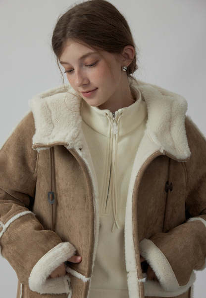 Women's Stand Collar Drawstring Faux Fur Lamb Wool Fleece Jacket