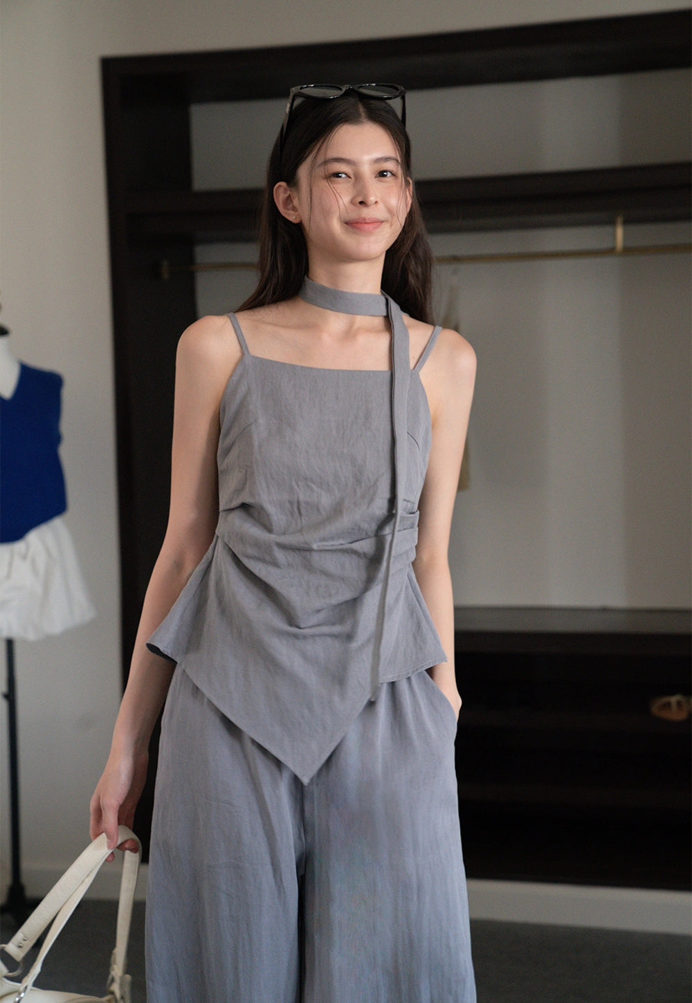 Women's 2 Piece Set – Asymmetrical Strap Top and Wide Leg Pants Outfit