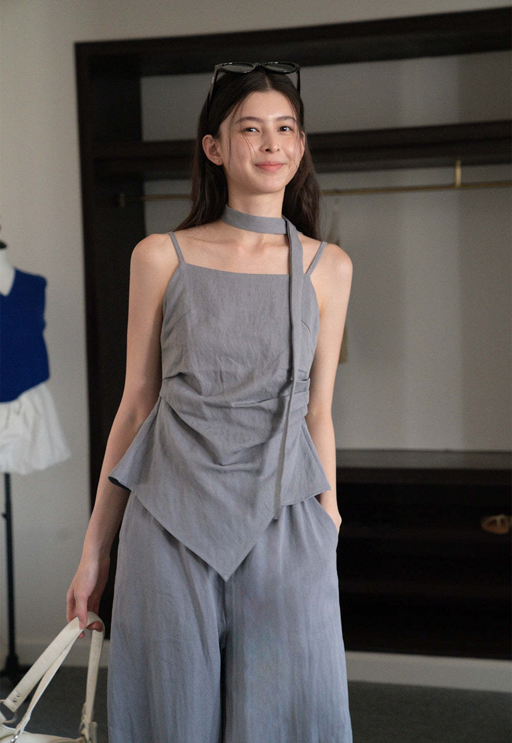 Women's 2 Piece Set – Asymmetrical Strap Top and Wide Leg Pants Outfit