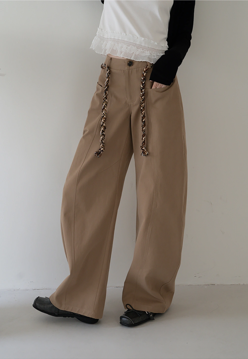 Wide-Leg Trousers with Braided Drawstring Detail