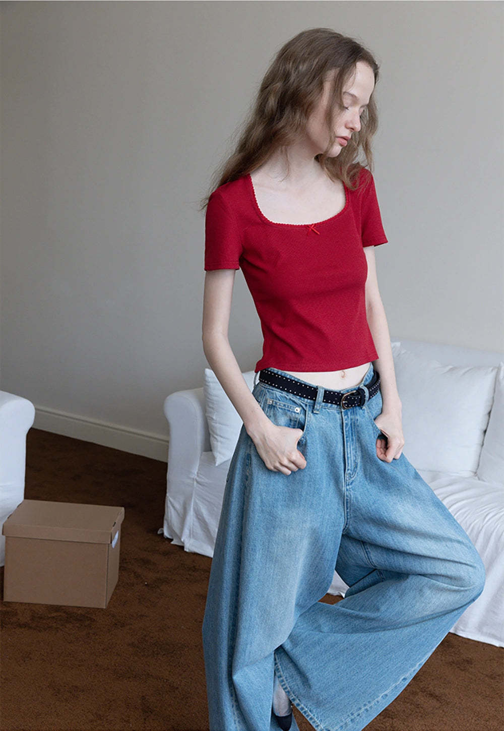 Square Neck Ribbed Tee with Bow Detail