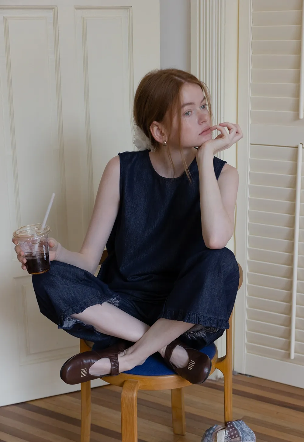 Sleeveless Denim Top and Wide-Leg Pants Set