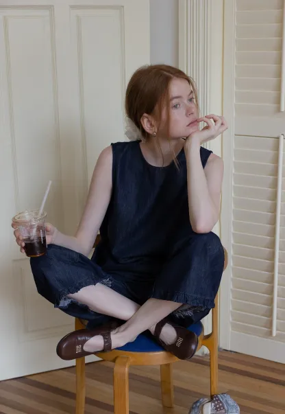 Sleeveless Denim Top and Wide-Leg Pants Set