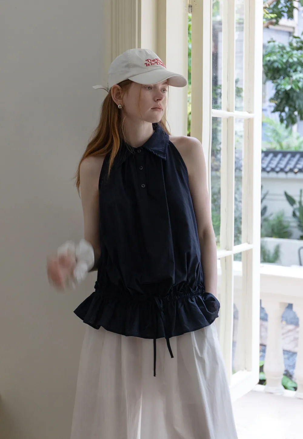 Drawstring Hem Sleeveless Collared Top