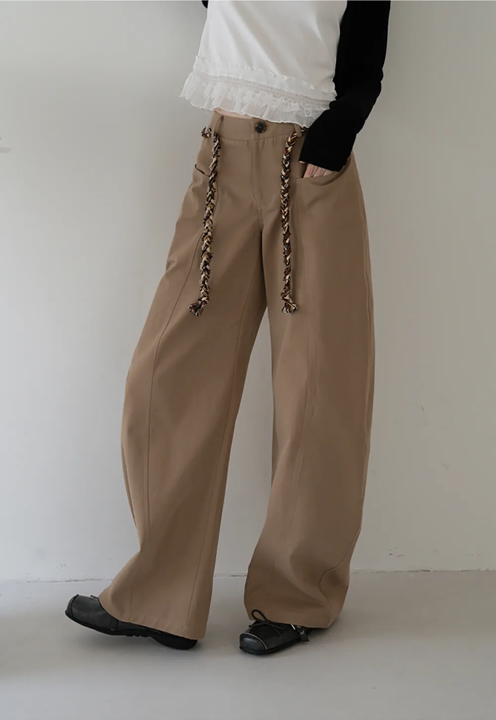 Wide-Leg Trousers with Braided Drawstring Detail