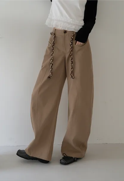 Wide-Leg Trousers with Braided Drawstring Detail