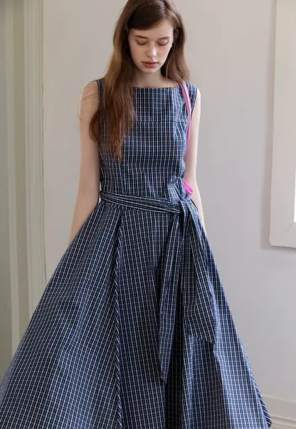 Sleeveless Gingham Belted Dress