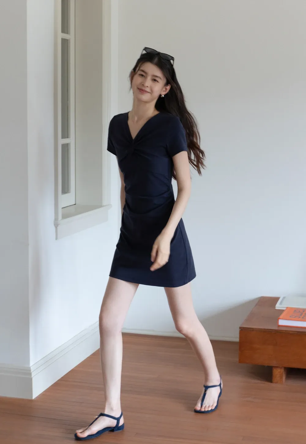 Women's Twist Front Short Sleeve Mini Dress Ruched Slim Fit