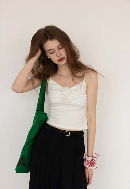 Women's Floral-Embellished Spaghetti Strap Top(With Chest Pads)