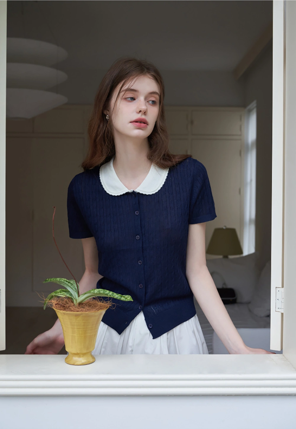 Women's Contrast Peter Pan Collar Cable Knit Cardigan