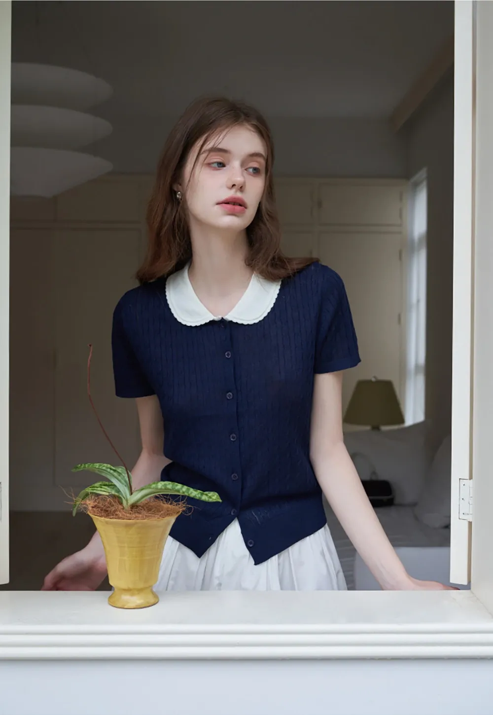 Women's Contrast Peter Pan Collar Cable Knit Cardigan