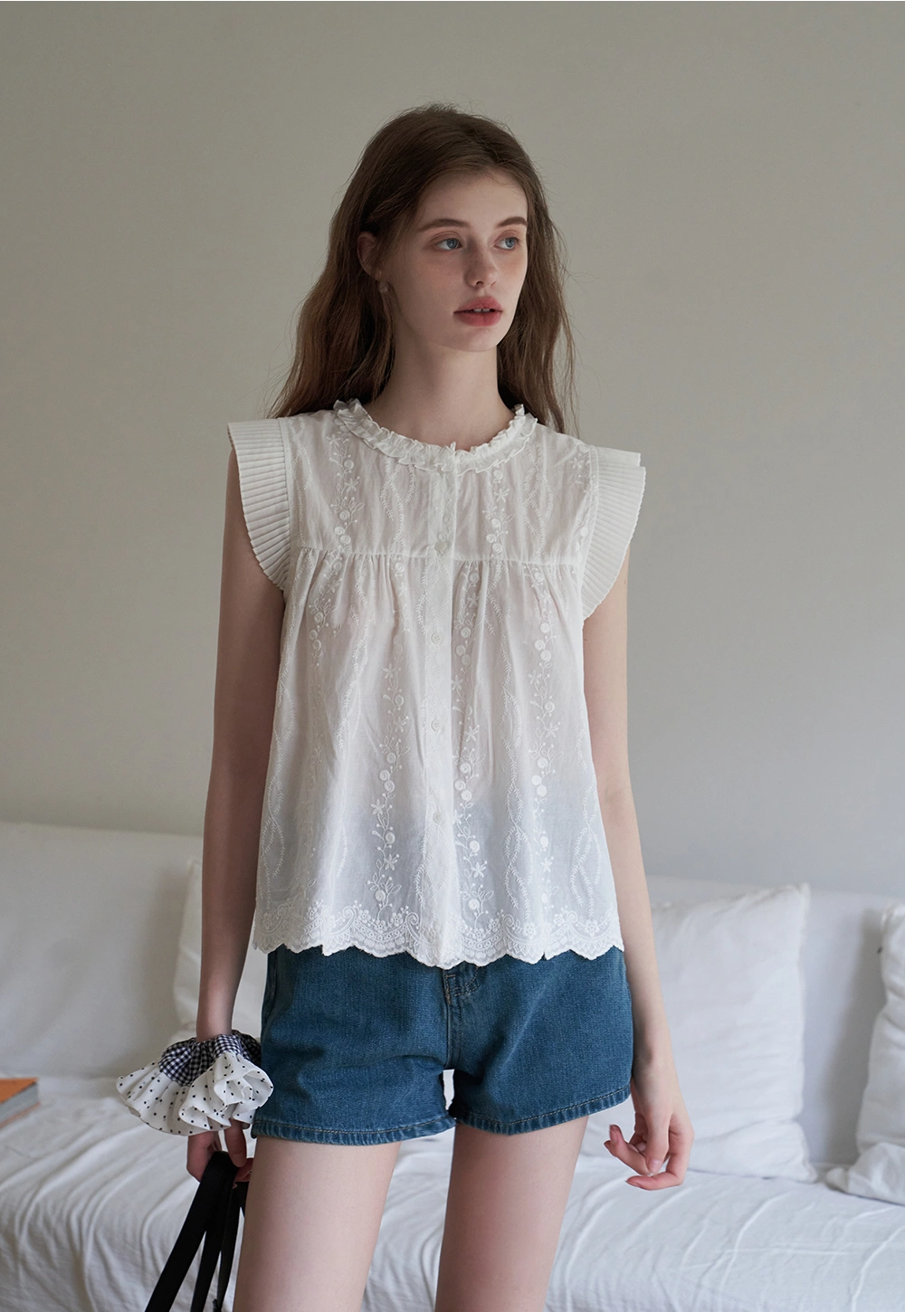 Women's Embroidered Ruffle Cap Sleeve Babydoll Blouse