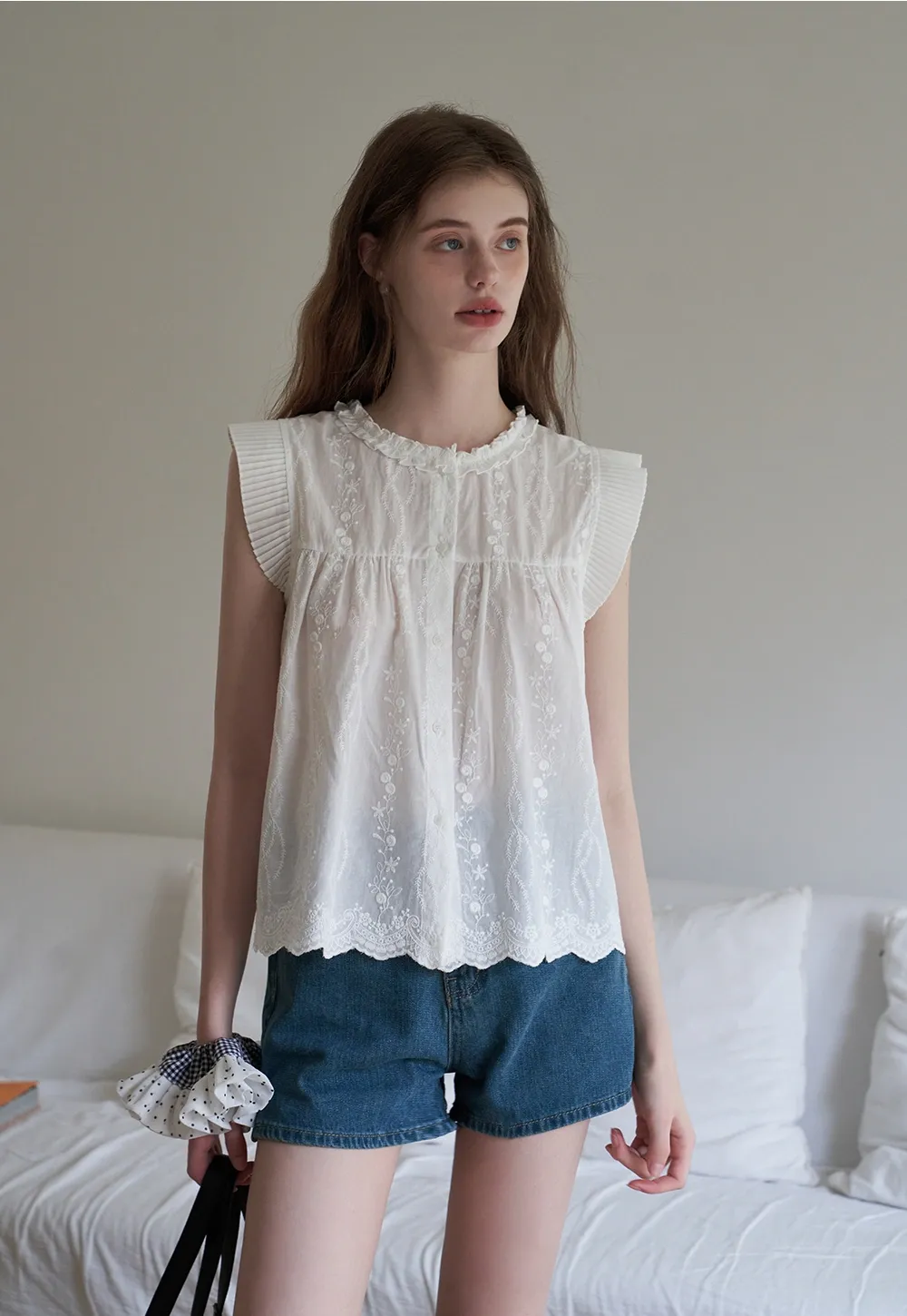 Women's Embroidered Ruffle Cap Sleeve Babydoll Blouse