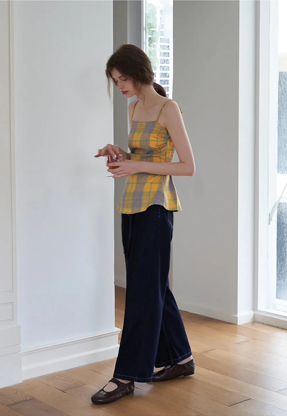 Women's Contrast Plaid Waist-Cinching Cami Top