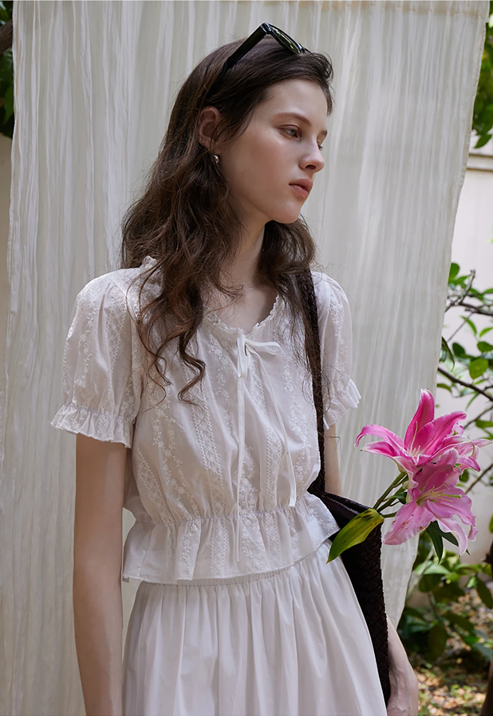 Women’s Tie-Neck Puff-Sleeve Lace Peplum Blouse