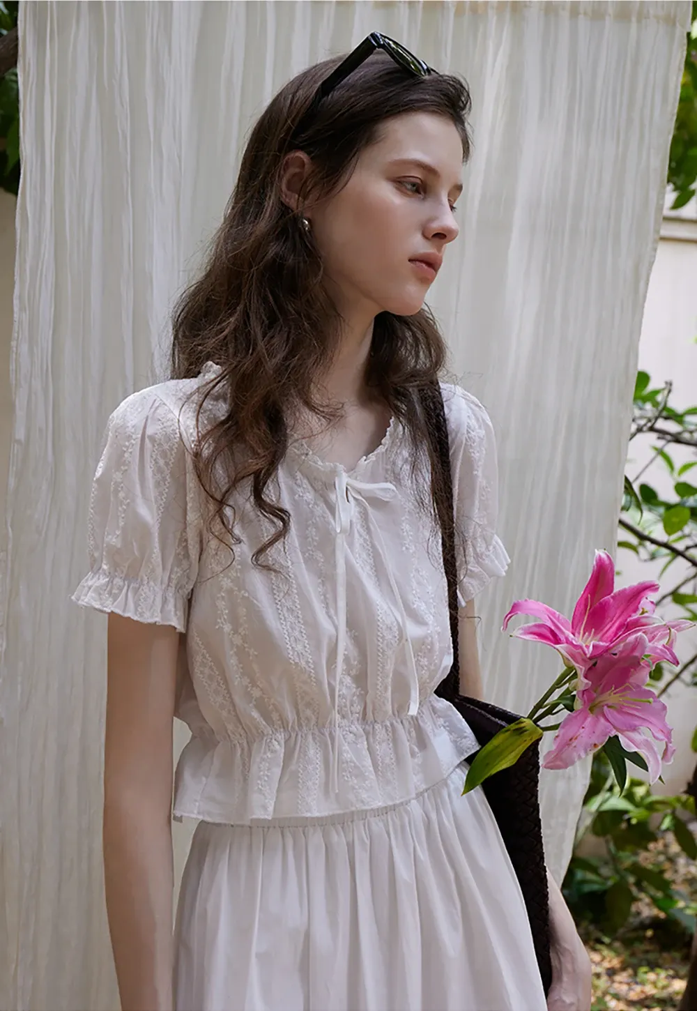 Women’s Tie-Neck Puff-Sleeve Lace Peplum Blouse