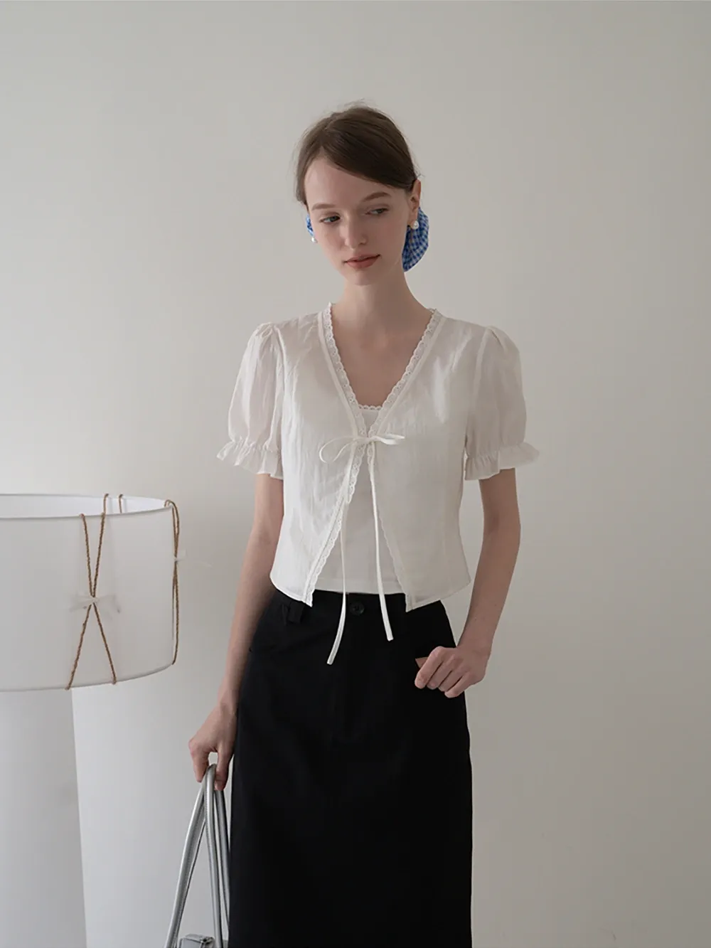 Eyelet Trim Puff Sleeve Tie-Front Blouse