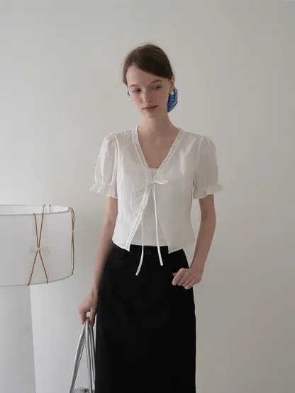 Eyelet Trim Puff Sleeve Tie-Front Blouse