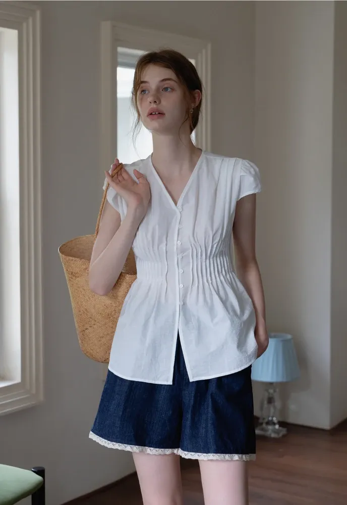 Women’s Pleated V-Neck Button Peplum Blouse