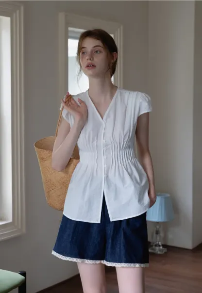 Women’s Pleated V-Neck Button Peplum Blouse