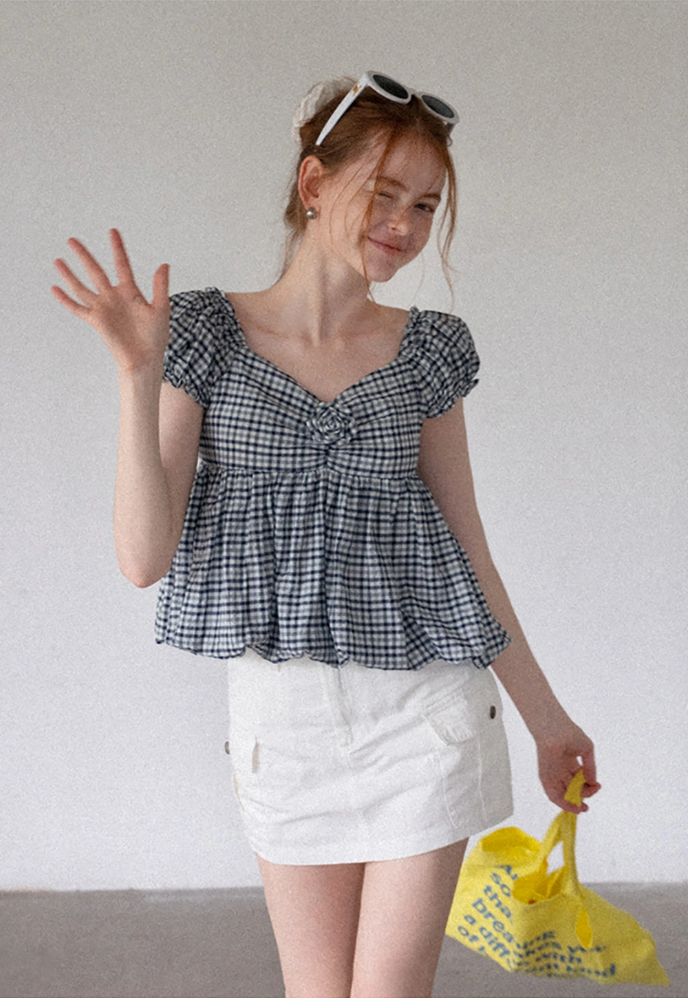 Women’s Gingham Puff Sleeve Peplum Blouse