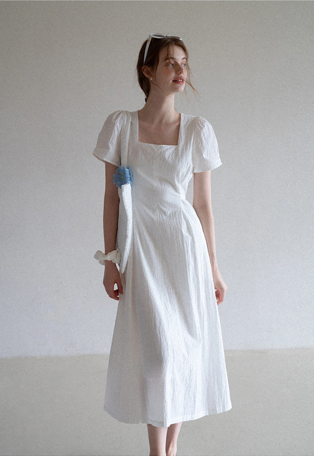 Women's Puff Sleeve Square Neck Midi Dress