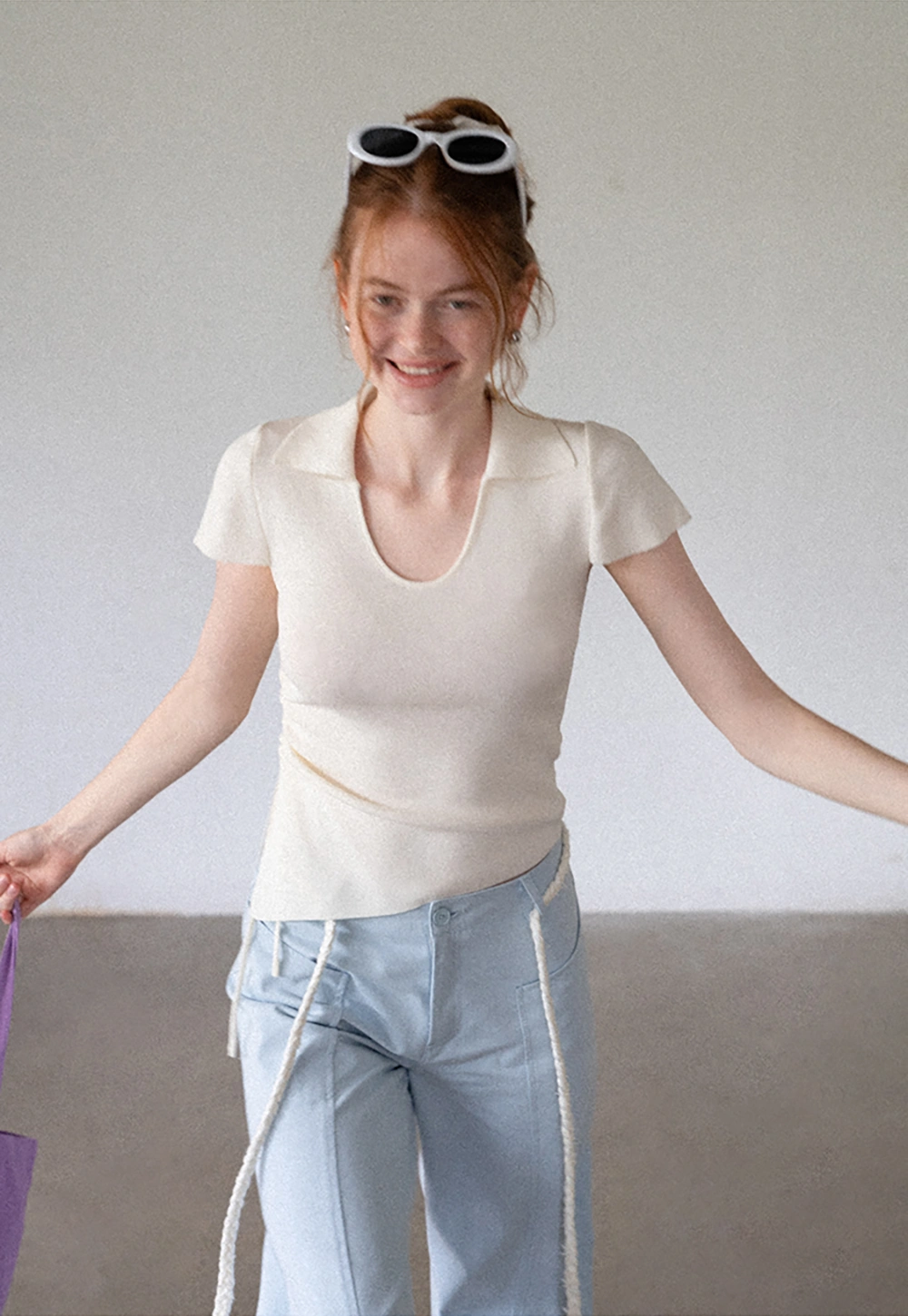 Women's Collared V Neck Knit Top with Side Drawstring