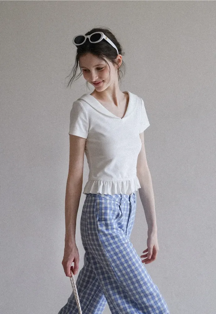 Women’s Sailor Collar Ruffle Hem Short-Sleeve Tee