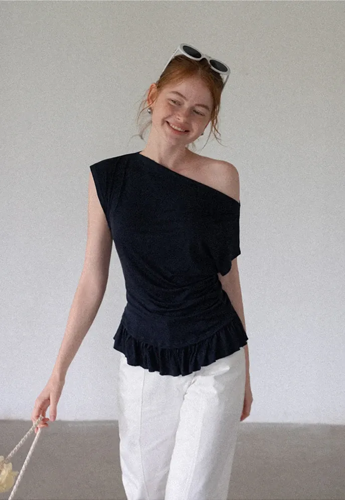 Women’s Striped Asymmetric Ruffle-Hem Tee