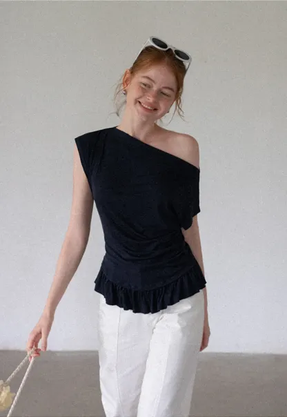Women’s Striped Asymmetric Ruffle-Hem Tee