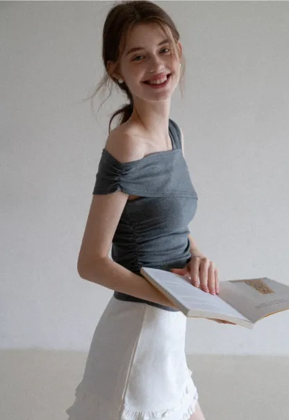 Women’s Cross-Strap One-Shoulder Ruched Top
