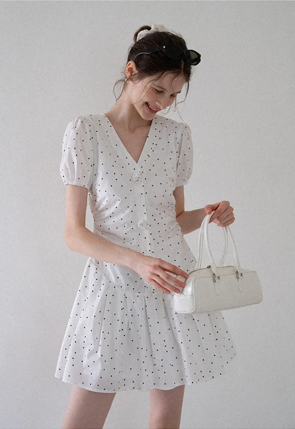 Women’s Polka Dot Ruched Button Mini Dress