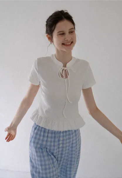 Bow Tie Ruffle Hem T-Shirt