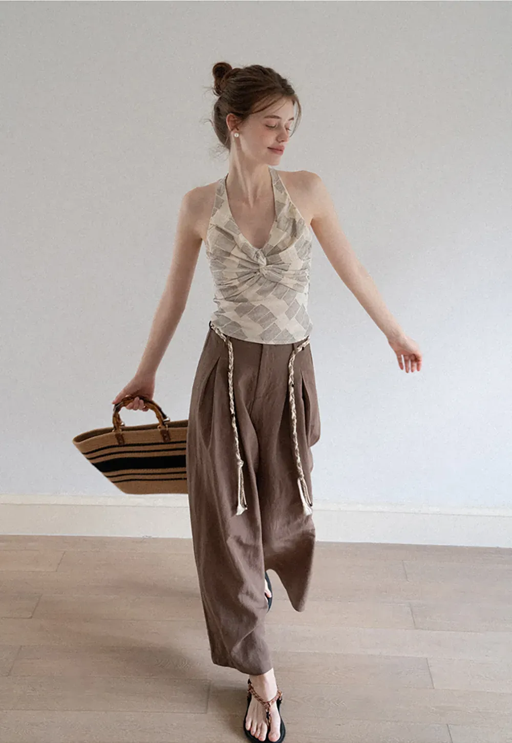 Wide Leg Pants with Braided Rope Belt