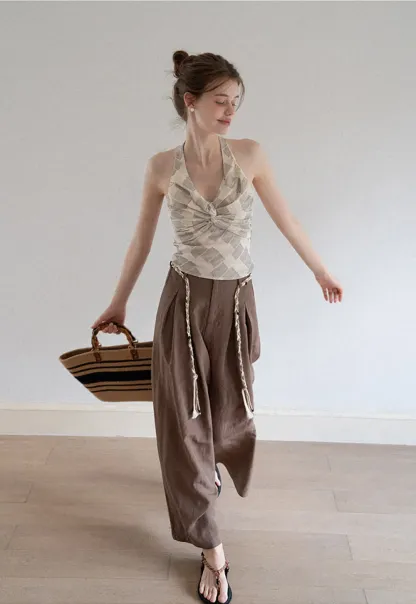 Wide Leg Pants with Braided Rope Belt