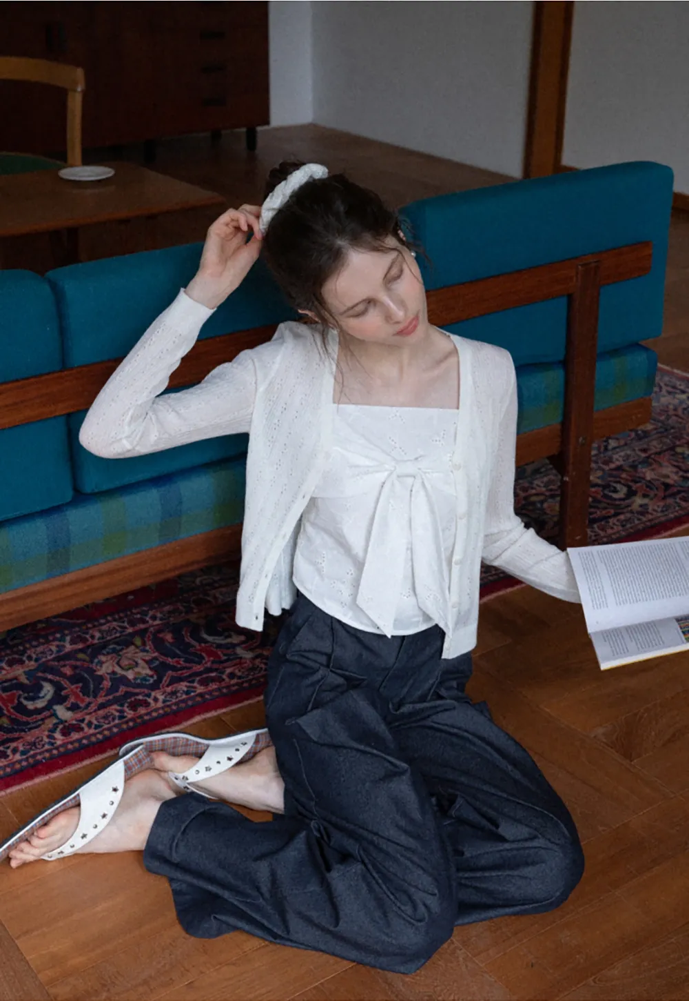 Pointelle Knit V-Neck Cardigan