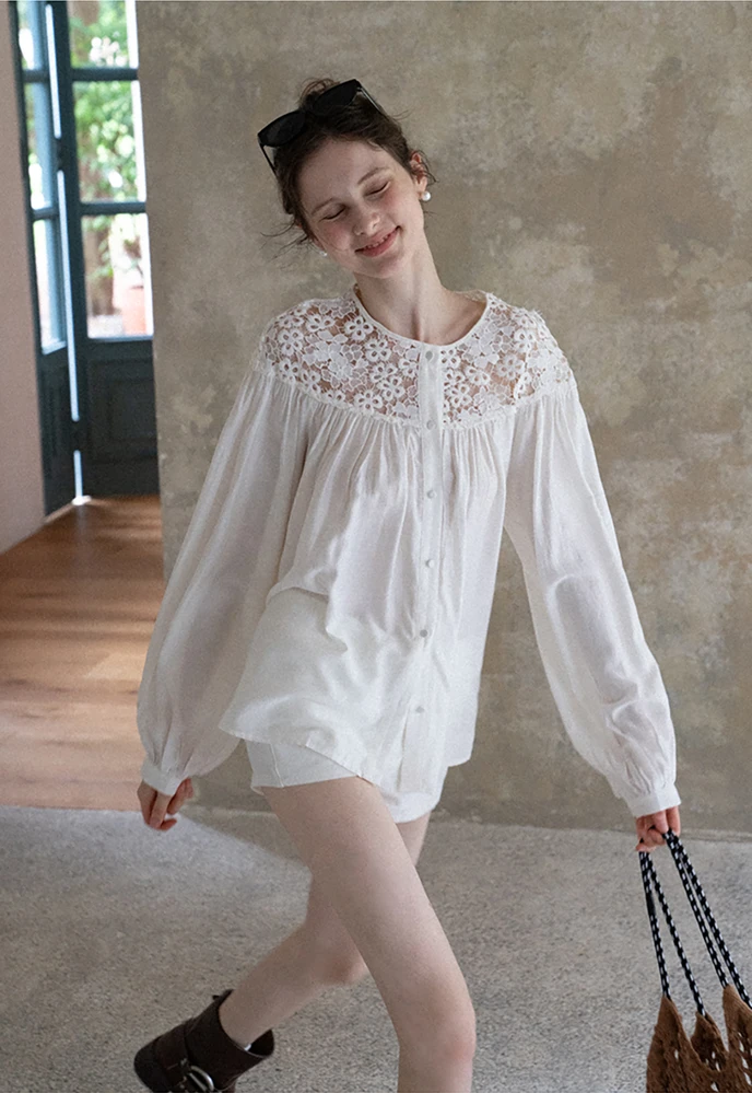 Women Lace Yoke Bishop Sleeve Button Down Blouse