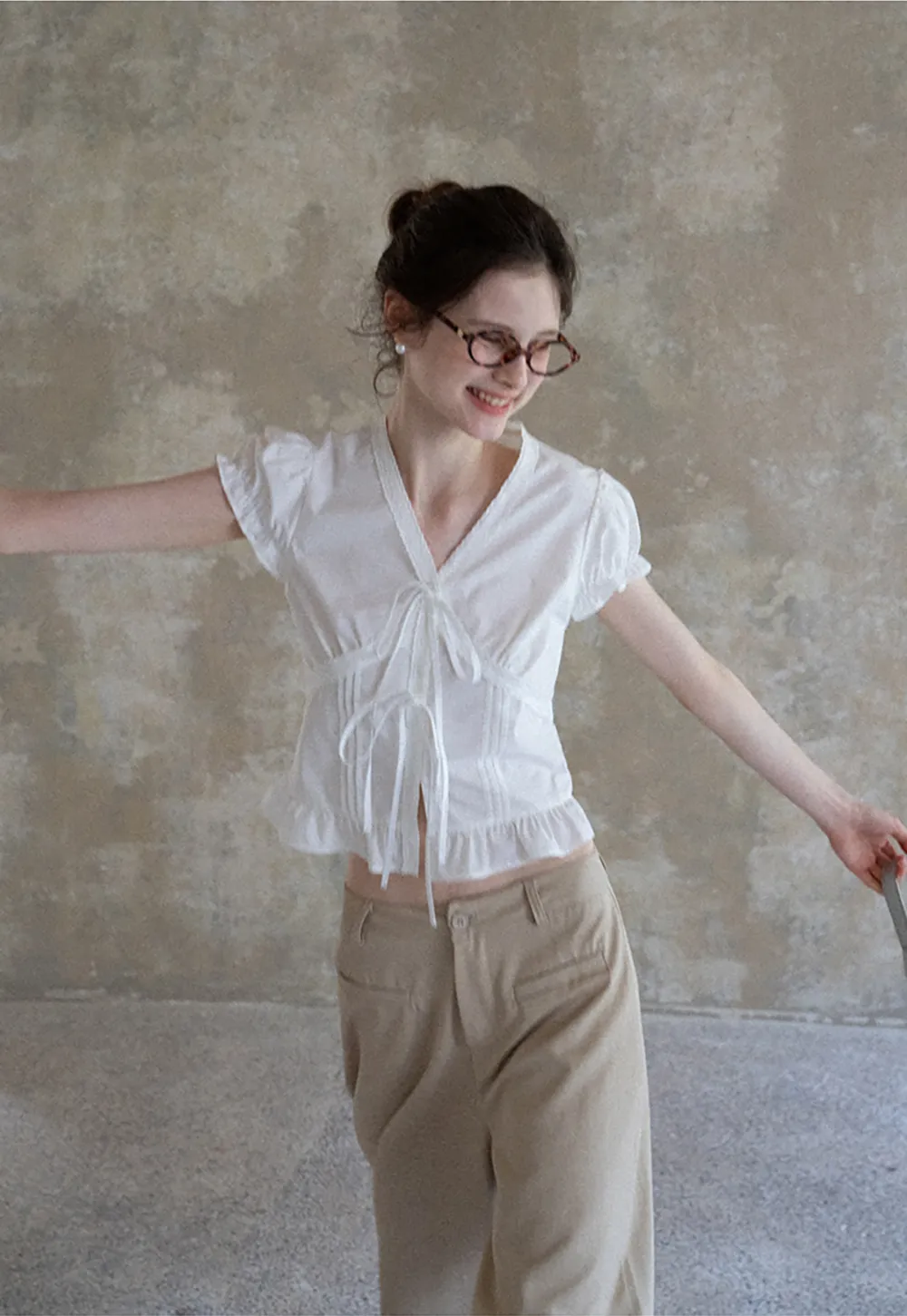 Women's Puff Sleeve Back Tie Blouse with Lace Trim