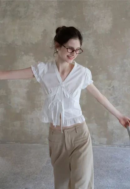 Women's Puff Sleeve Back Tie Blouse with Lace Trim