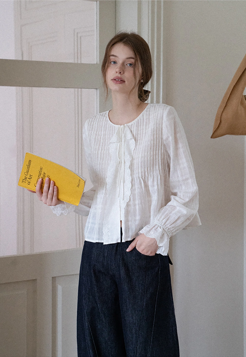 Women's Sheer Lace Tie Front Long Sleeve Blouse