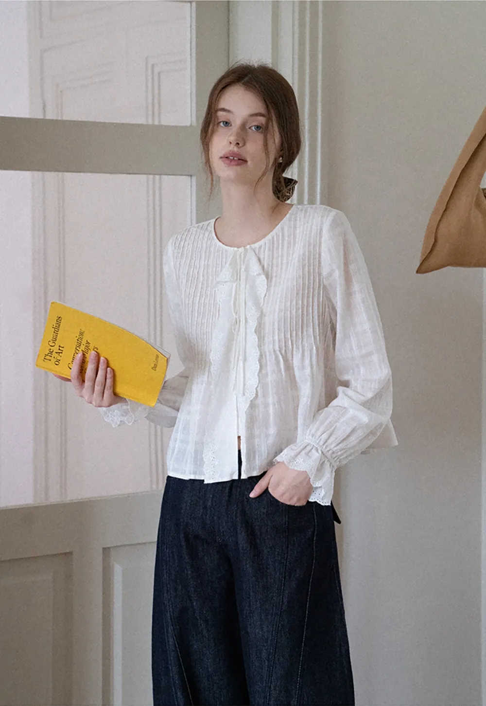 Women's Sheer Lace Tie Front Long Sleeve Blouse