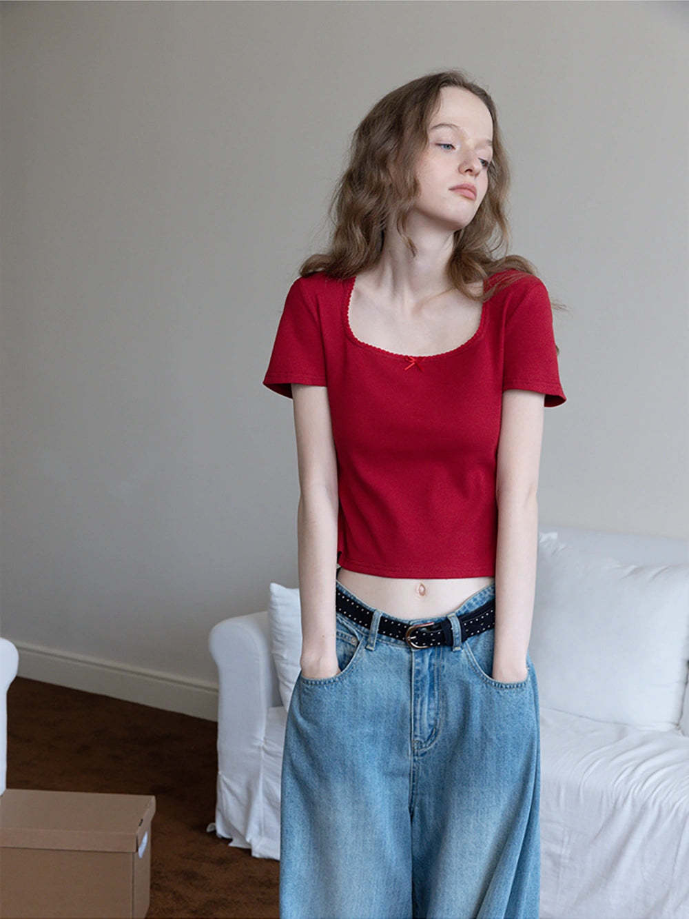 Square Neck Ribbed Tee with Bow Detail