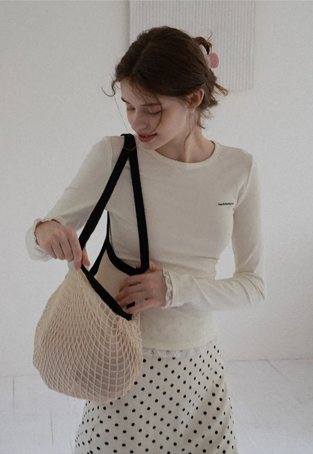 Women Crew Neck Ruched Side Lace Trim Long Sleeve Tee