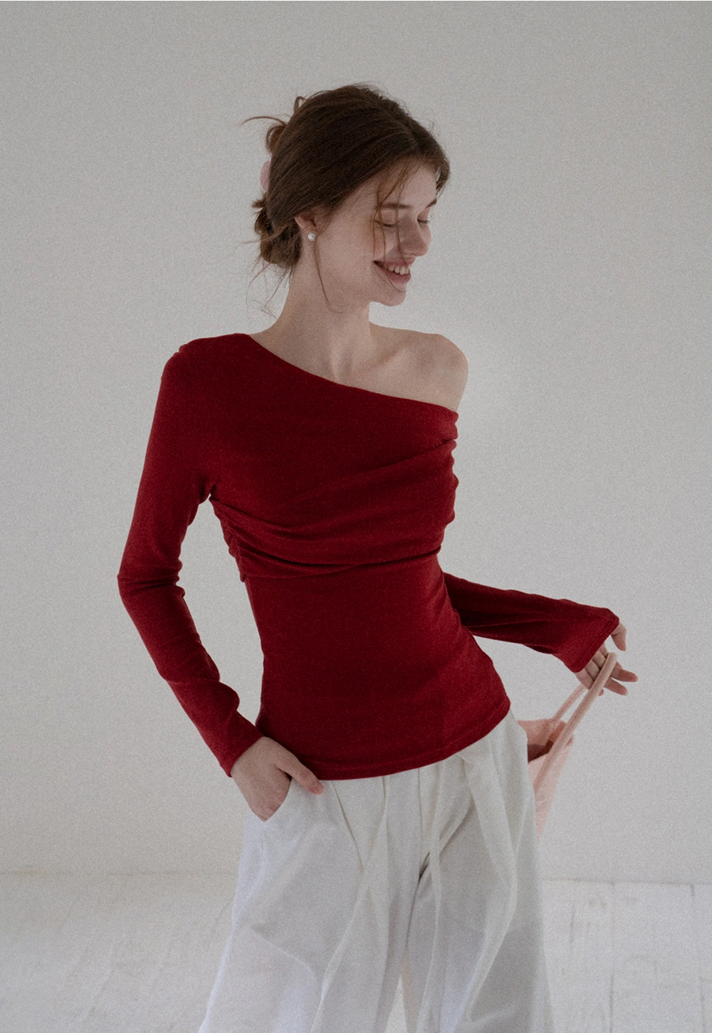 Ruched One‑Shoulder Long Sleeve Knit Top